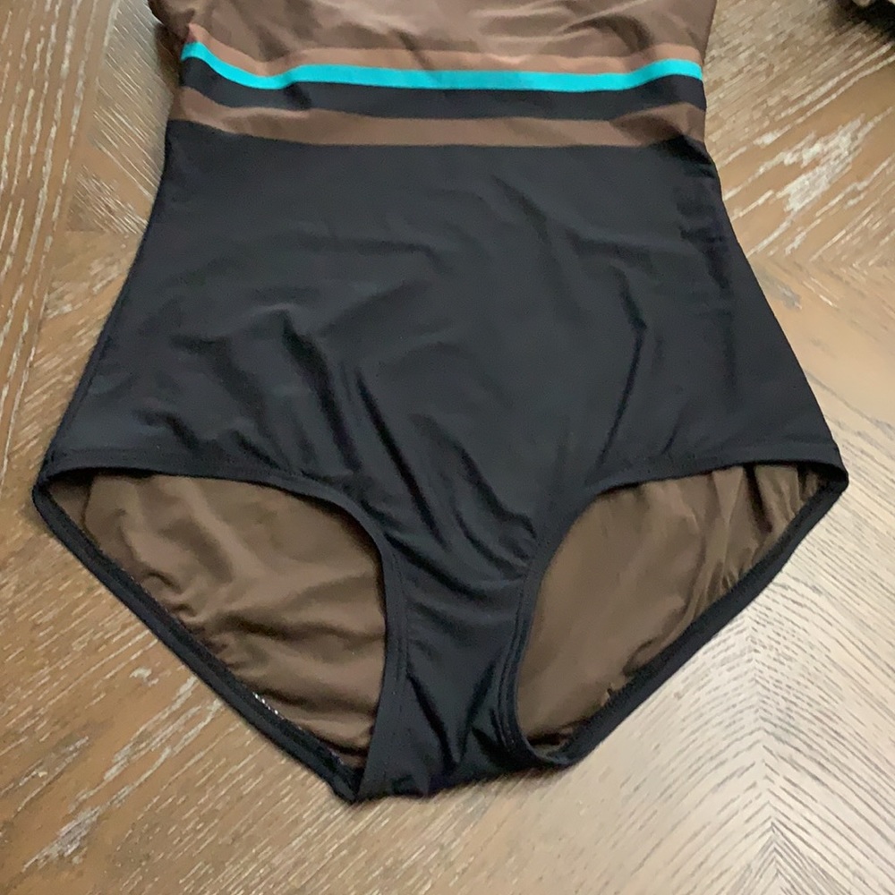 DKNY black, brown & teal striped one piece swimsuit halter Size M - Picture 12 of 17
